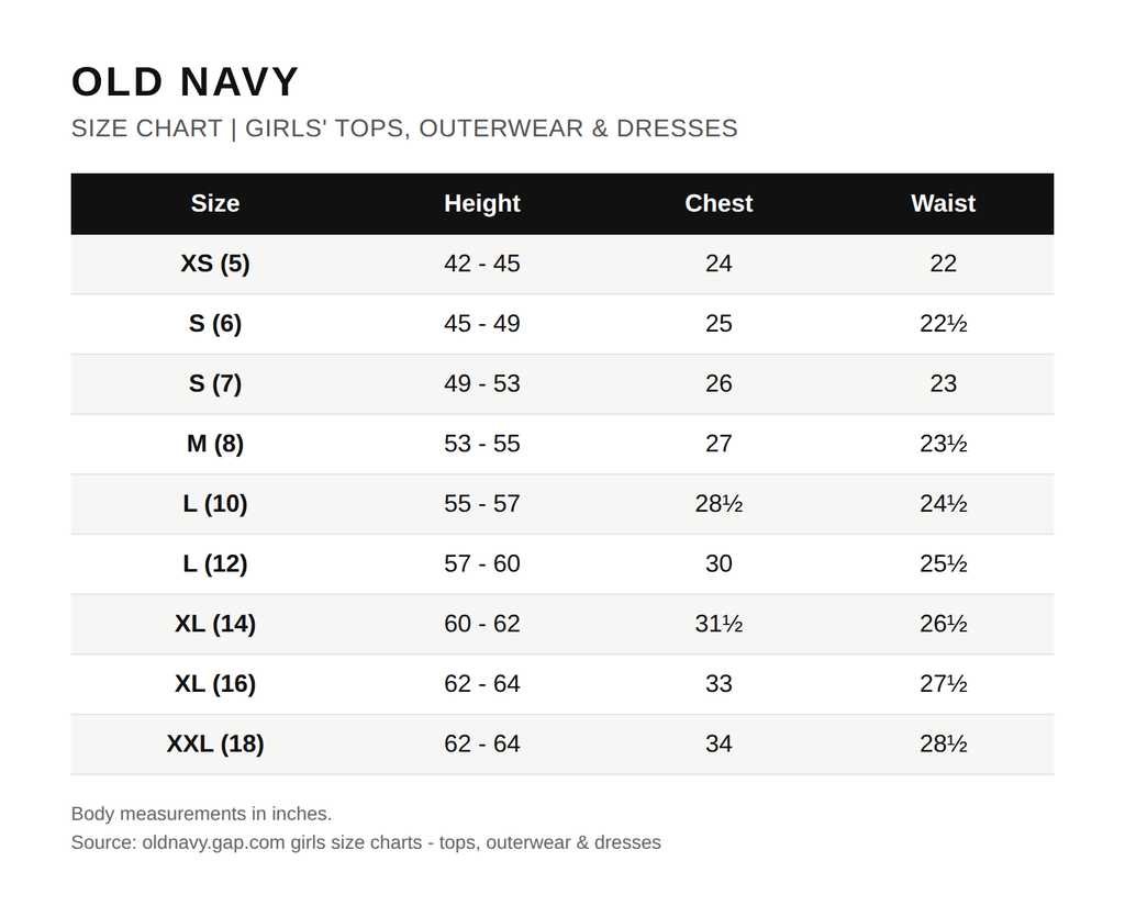 Tabla de tallas oficial de Old Navy (tops niñas)