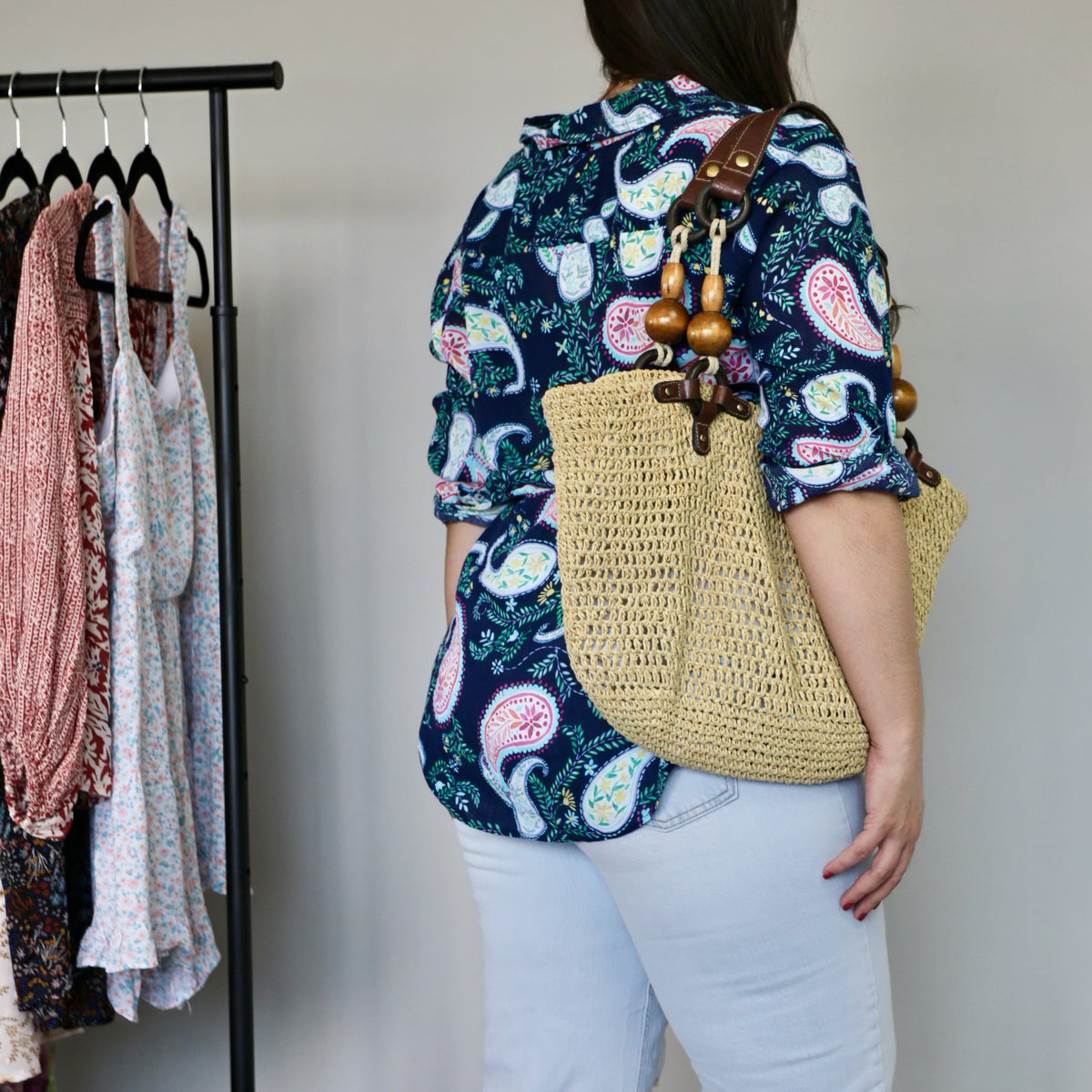 TOTE DE RAFIA VINTAGE CON DETALLES DE MADERA | FOSSIL