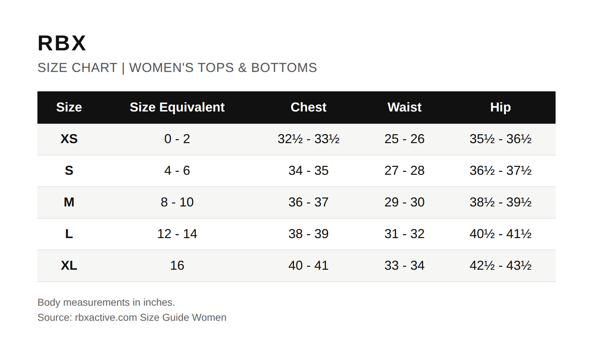 Tabla de tallas oficial de RBX (mujer)