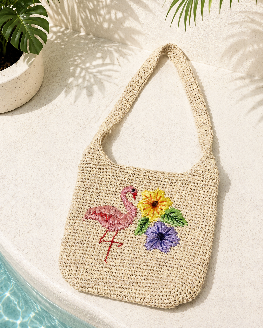 CARTERA TEJIDA CON APLICACIONES DE FLAMENCO Y FLORES