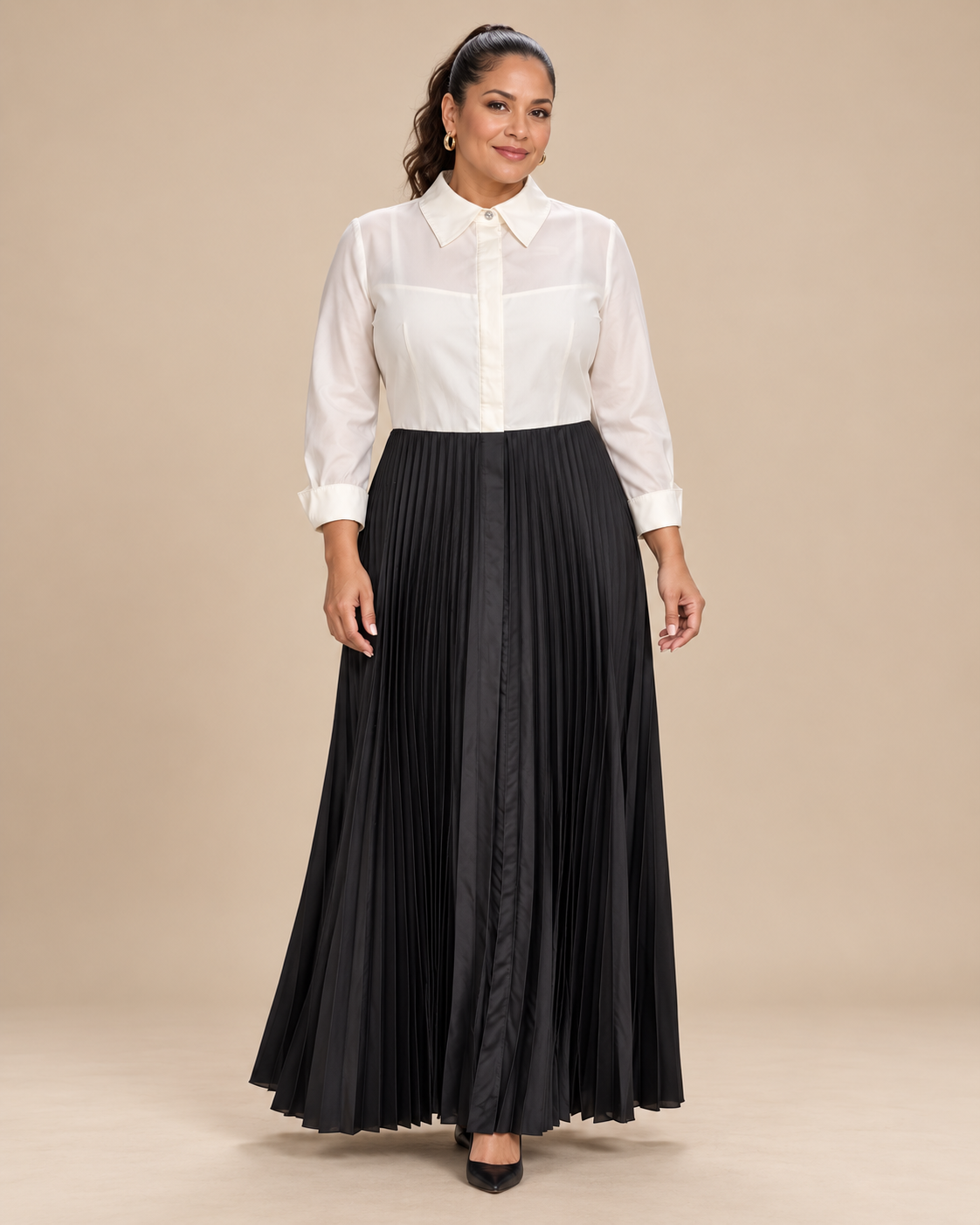 Vestido largo de gala camisero blanco y negro con falda plisada para mujer, marca Teri Jon, talla 18