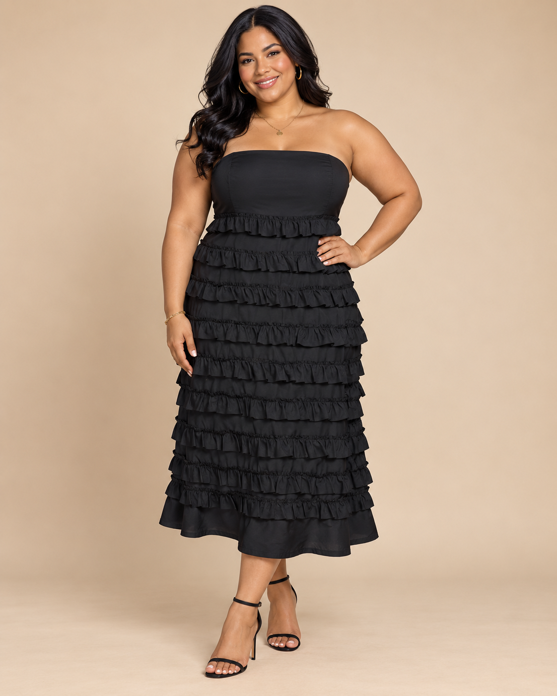 Vestido strapless negro con volantes para mujer, marca Gap, talla 14