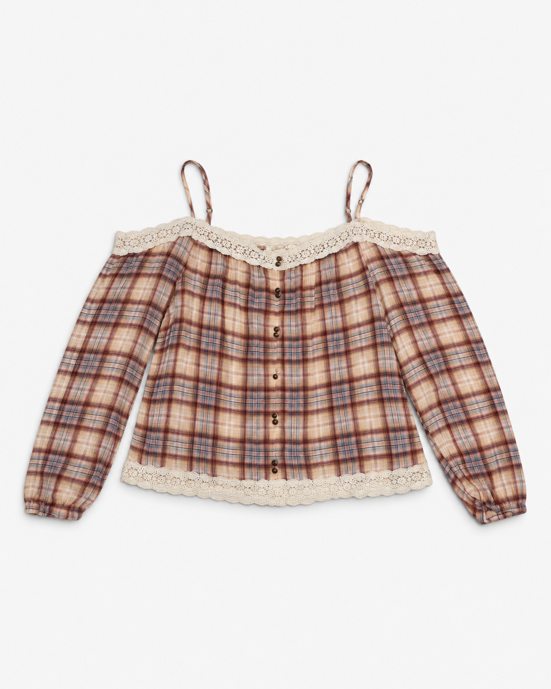 BLUSA DE CUADROS CON HOMBROS DESCUBIERTOS Y ENCAJE PARA MUJER | REWIND | TALLA XL