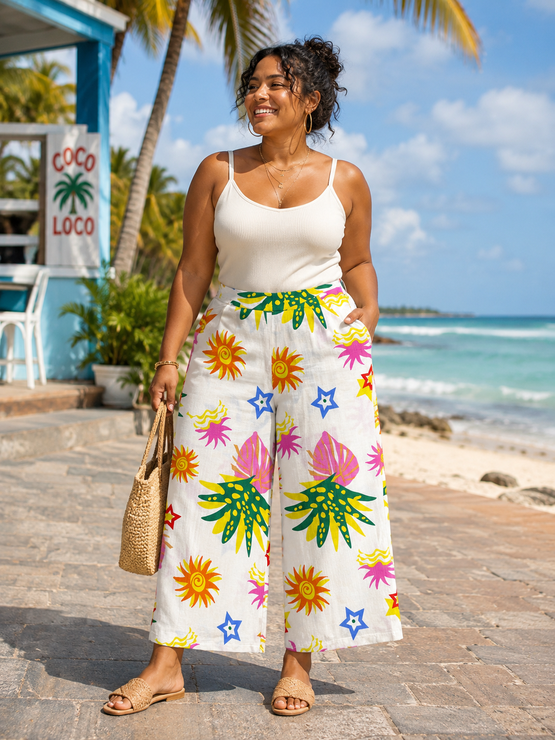 PANTALÓN PALAZZO CON ESTAMPADO TROPICAL | SIENNA SKY | TALLA L