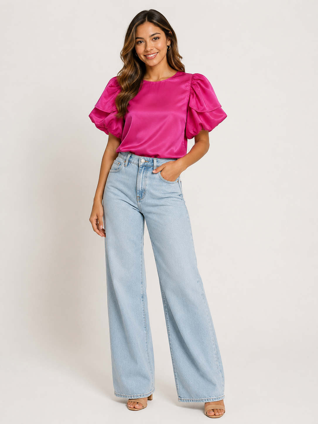 BLUSA FUCSIA CON MANGAS ABULLONADAS | ANNA GRACE | TALLA S