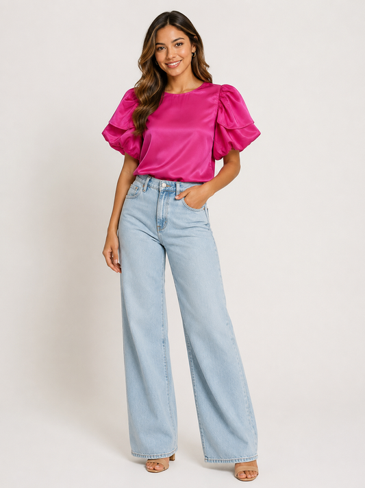 BLUSA FUCSIA CON MANGAS ABULLONADAS | ANNA GRACE | TALLA S