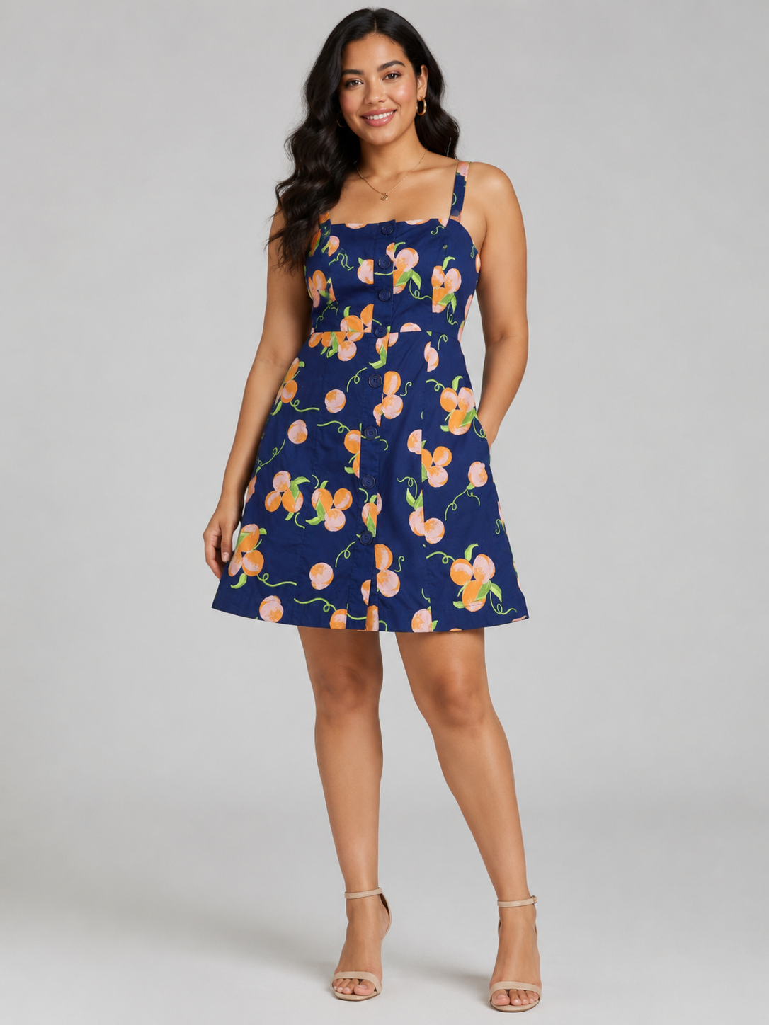 VESTIDO AZUL CON ESTAMPADO DE NARANJAS | MODCLOTH | TALLA 8 (M)