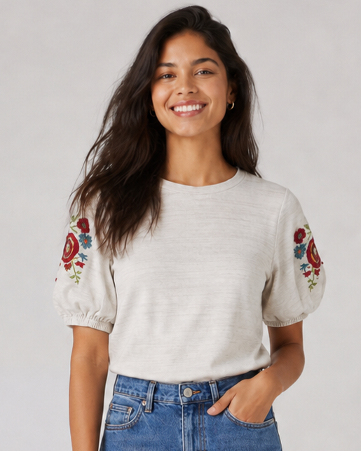 BLUSA CREMA CON BORDADO EN MANGAS | LOFT | TALLA XS