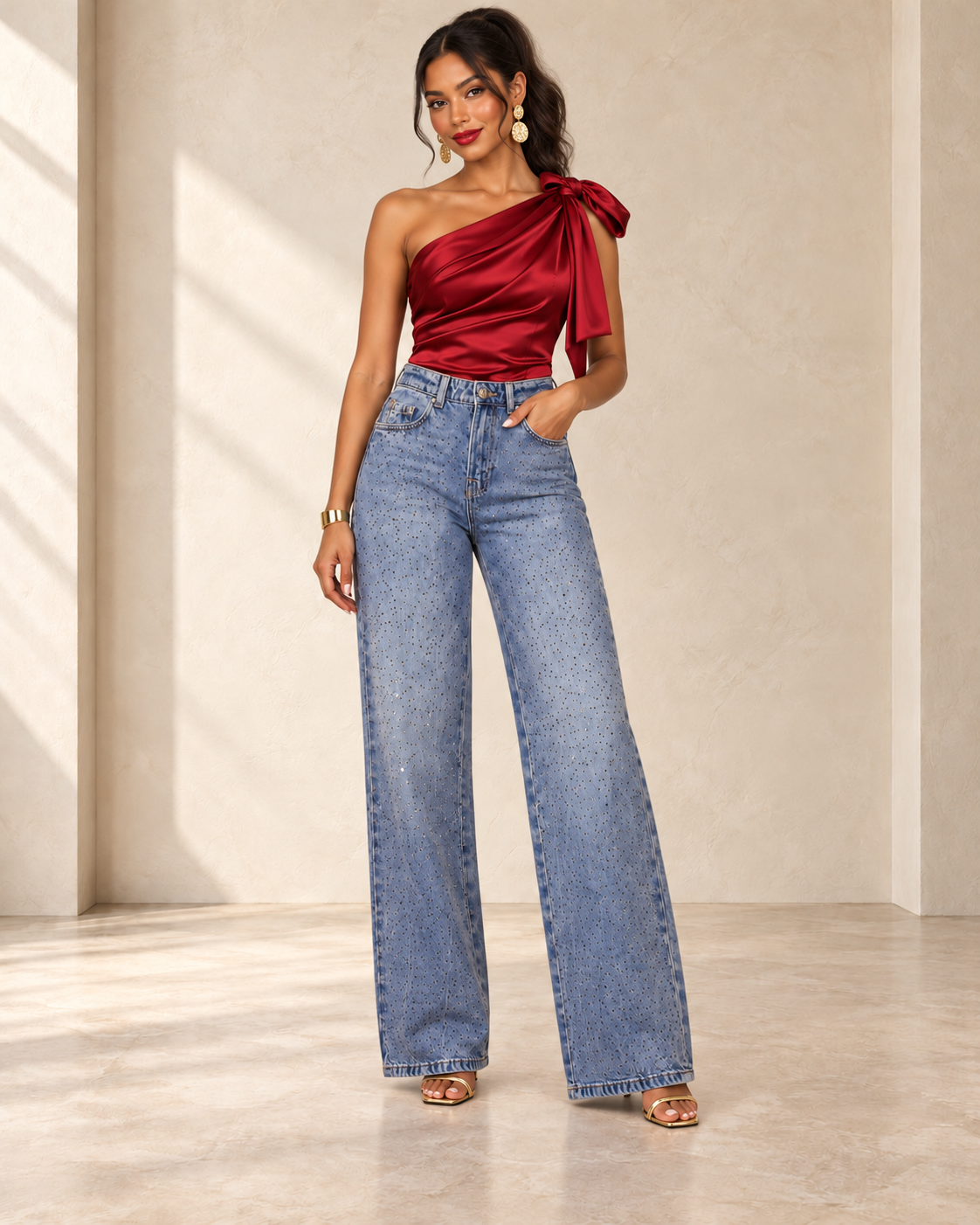 NEW | JEANS WIDE LEG CON BRILLOS PARA MUJER | STRADIVARIUS | TALLA 2 (XS)