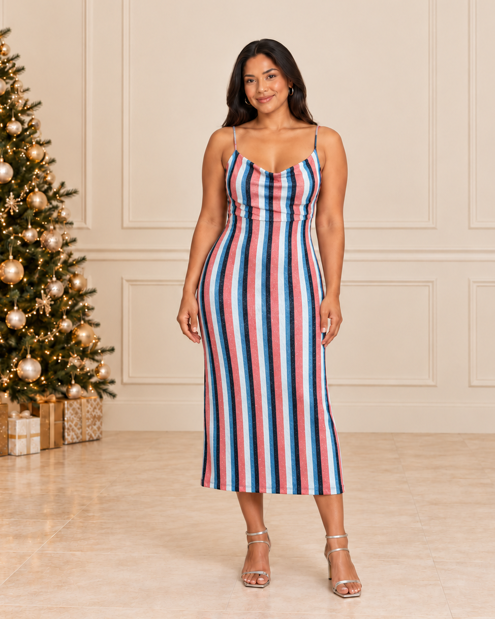 VESTIDO MIDI DE RAYAS CON BRILLO PARA MUJER | MIMI CHICA | TALLA L