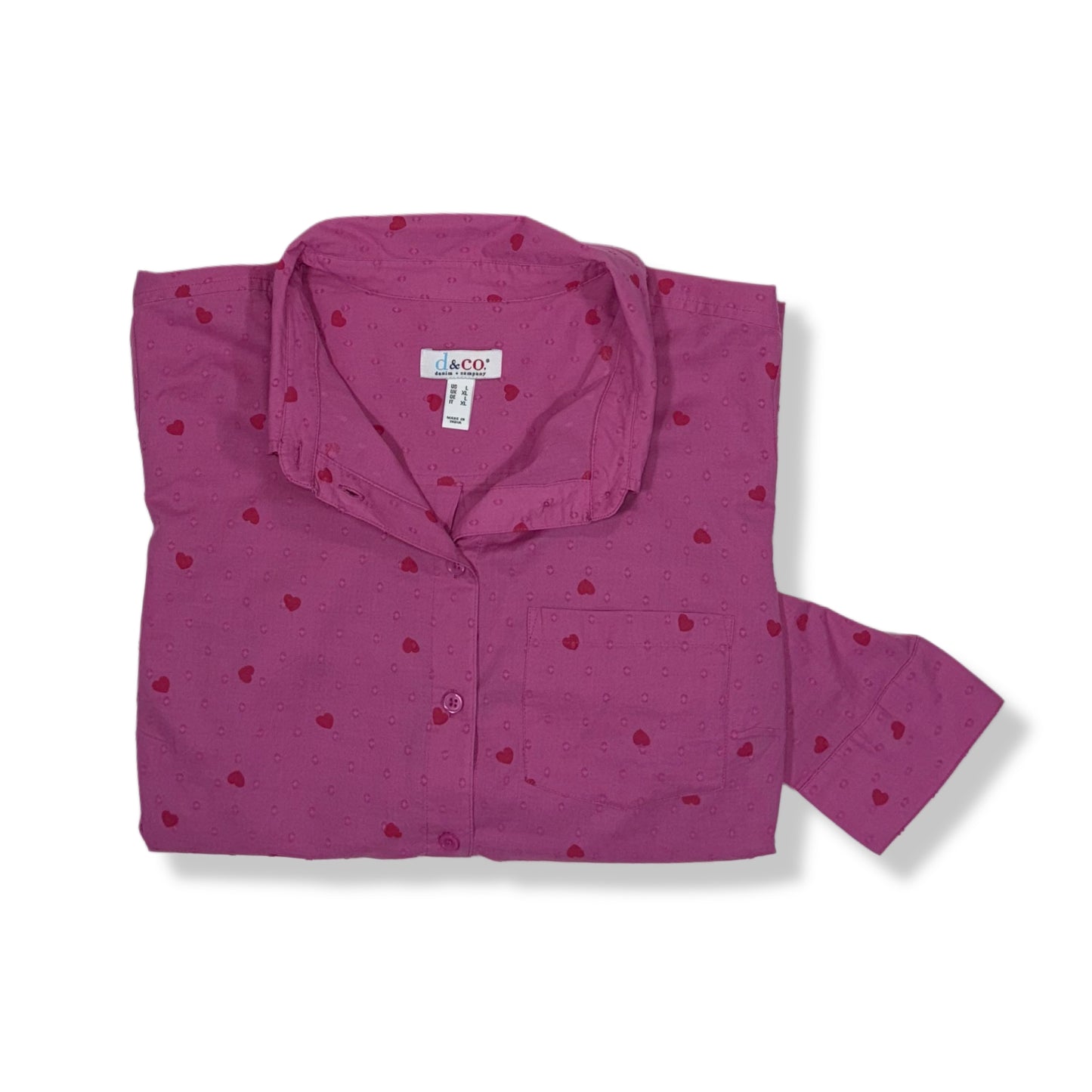 CAMISA ROSADA CON CORAZONES | DENIM & CO. | TALLA L