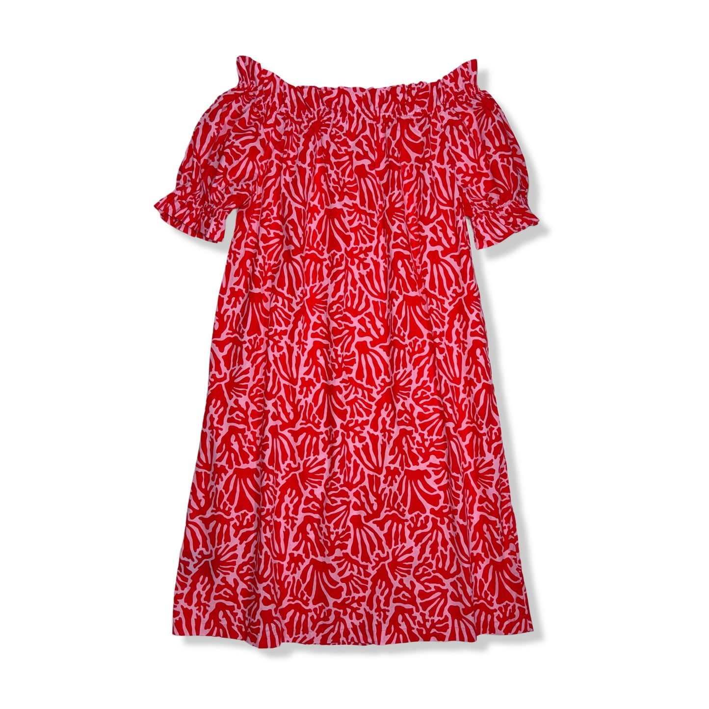 VESTIDO OFF-SHOULDER CON ESTAMPADO CORAL | H&M | S (OVERSIZE)