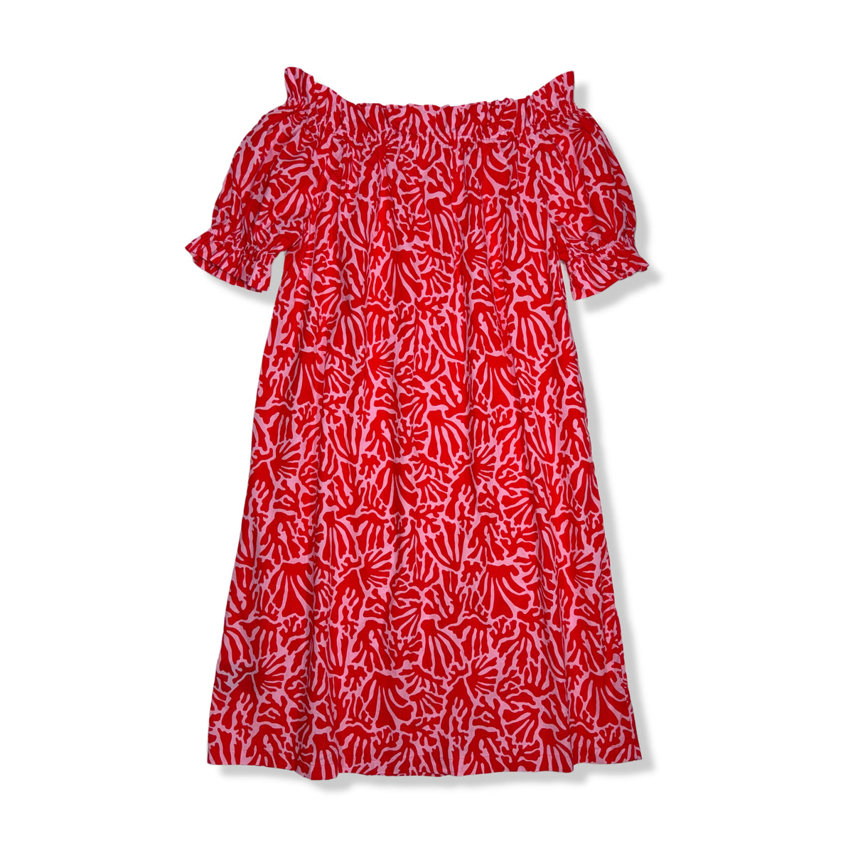 VESTIDO OFF-SHOULDER CON ESTAMPADO CORAL | H&M | S (OVERSIZE)