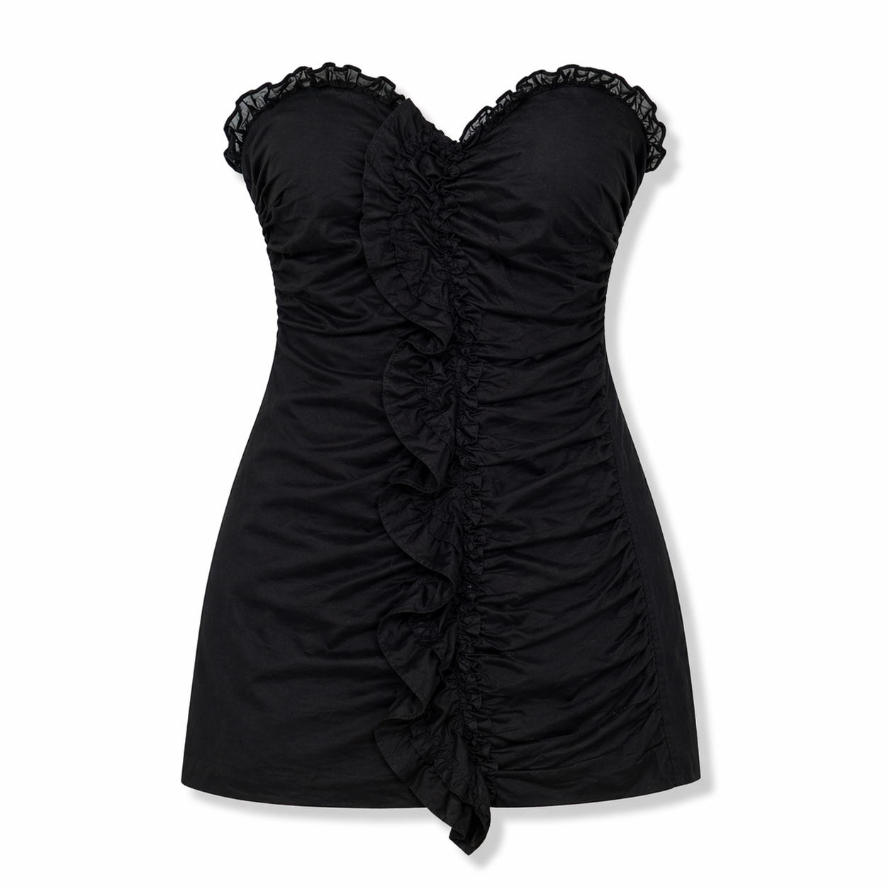 VESTIDO STRAPLESS NEGRO CON DRAPEADO Y VOLANTES | ZARA |  TALLA XS