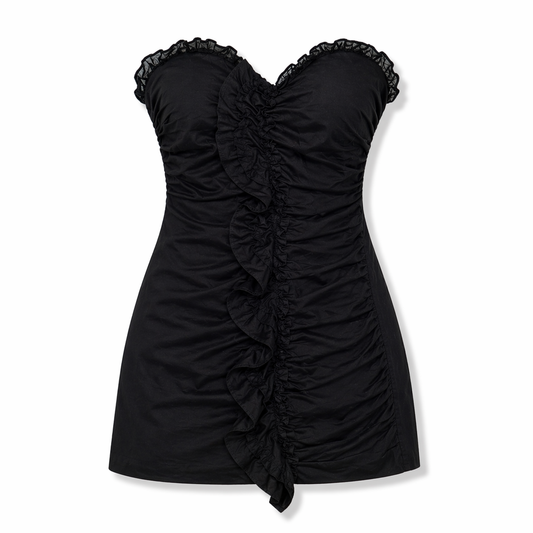 VESTIDO STRAPLESS NEGRO CON DRAPEADO Y VOLANTES | ZARA |  TALLA XS
