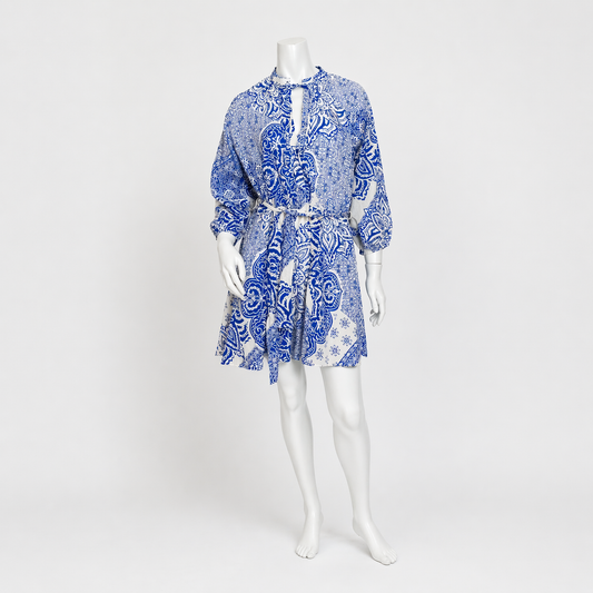 VESTIDO MINI CON ESTAMPADO AZUL Y BLANCO MANGA LARGA | ZARA | TALLA S