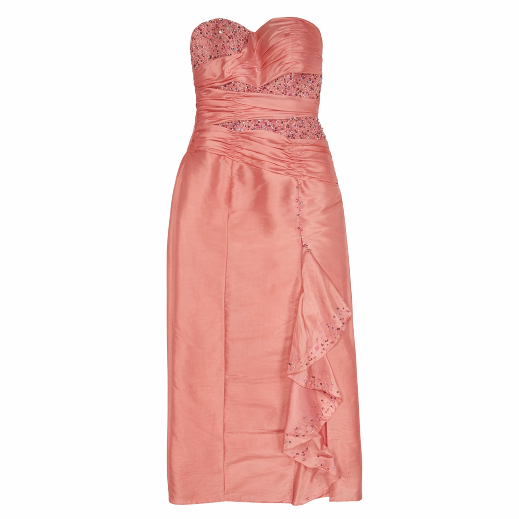 Vestido largo coral strapless con pedrería para mujer, marca Tiffany Designs, talla 6, foto 9