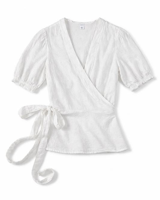 BLUSA CRUZADA BLANCA CON BORDADO FLORAL Y LAZO | OLD NAVY | TALLA M