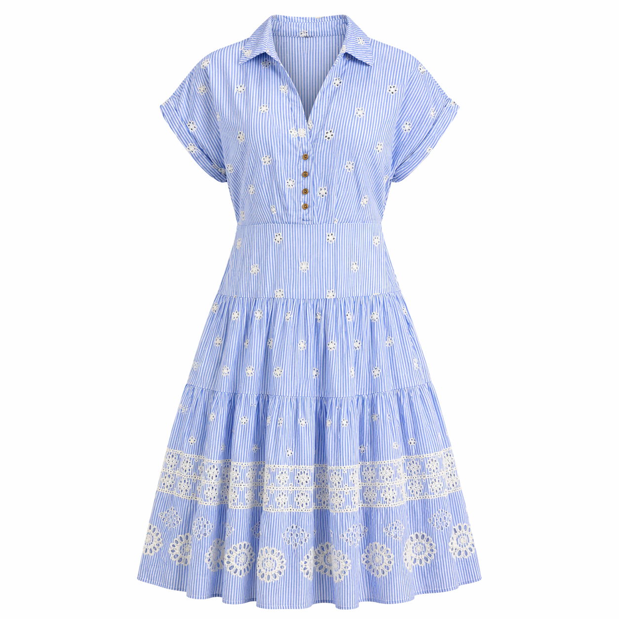 VESTIDO MIDI RAYAS AZUL CON BORDADO EYELET | TALLA S