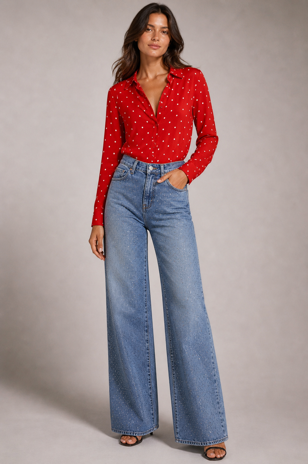 CAMISA MANGA LARGA ROJA CON LUNARES BLANCOS | ANN TAYLOR | TALLA S