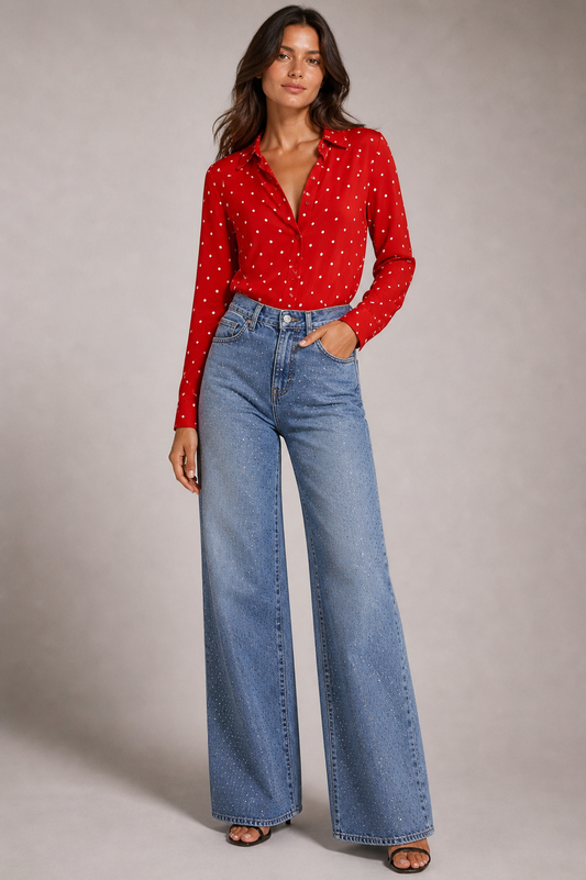 CAMISA MANGA LARGA ROJA CON LUNARES BLANCOS | ANN TAYLOR | TALLA S