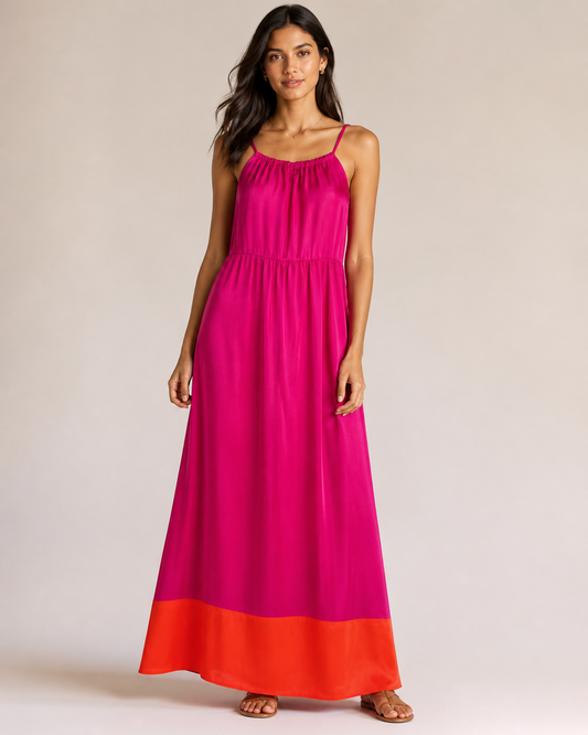 VESTIDO LARGO FUCSIA Y NARANJA | OLD NAVY | TALLA S