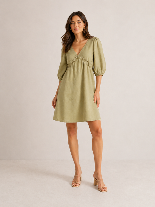 VESTIDO MINI DE LINO VERDE OLIVO CON ESCOTE EN V Y AJUSTE LATERAL | HYFVE | TALLA S