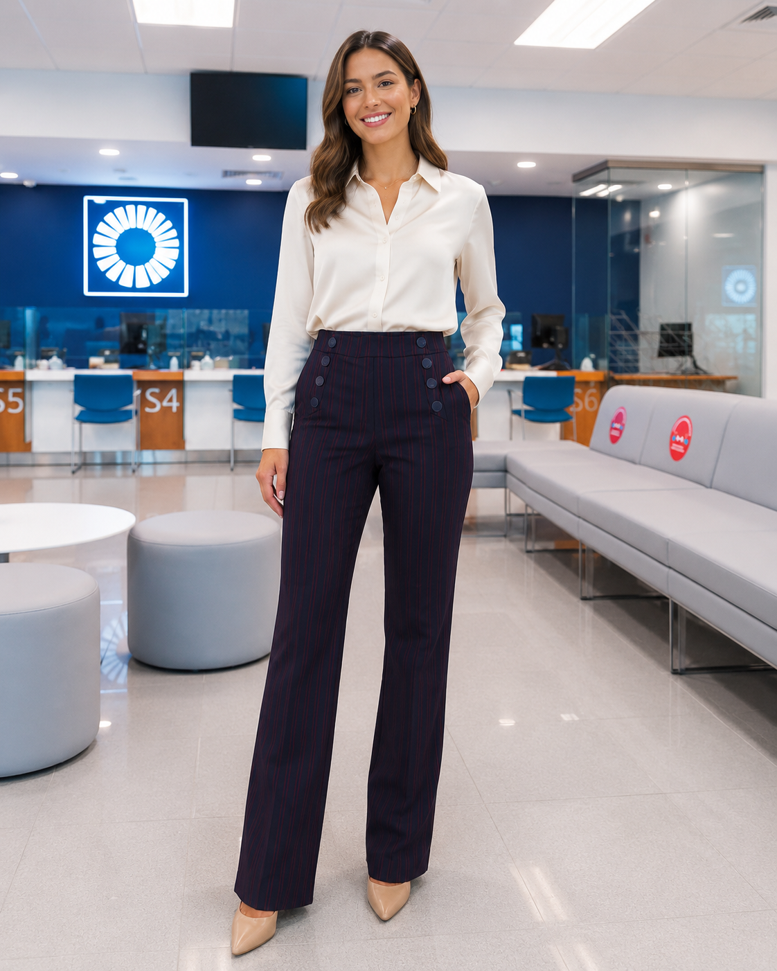 PANTALÓN DE RAYAS AZUL MARINO CON BOTONES | LOFT | TALLA 4
