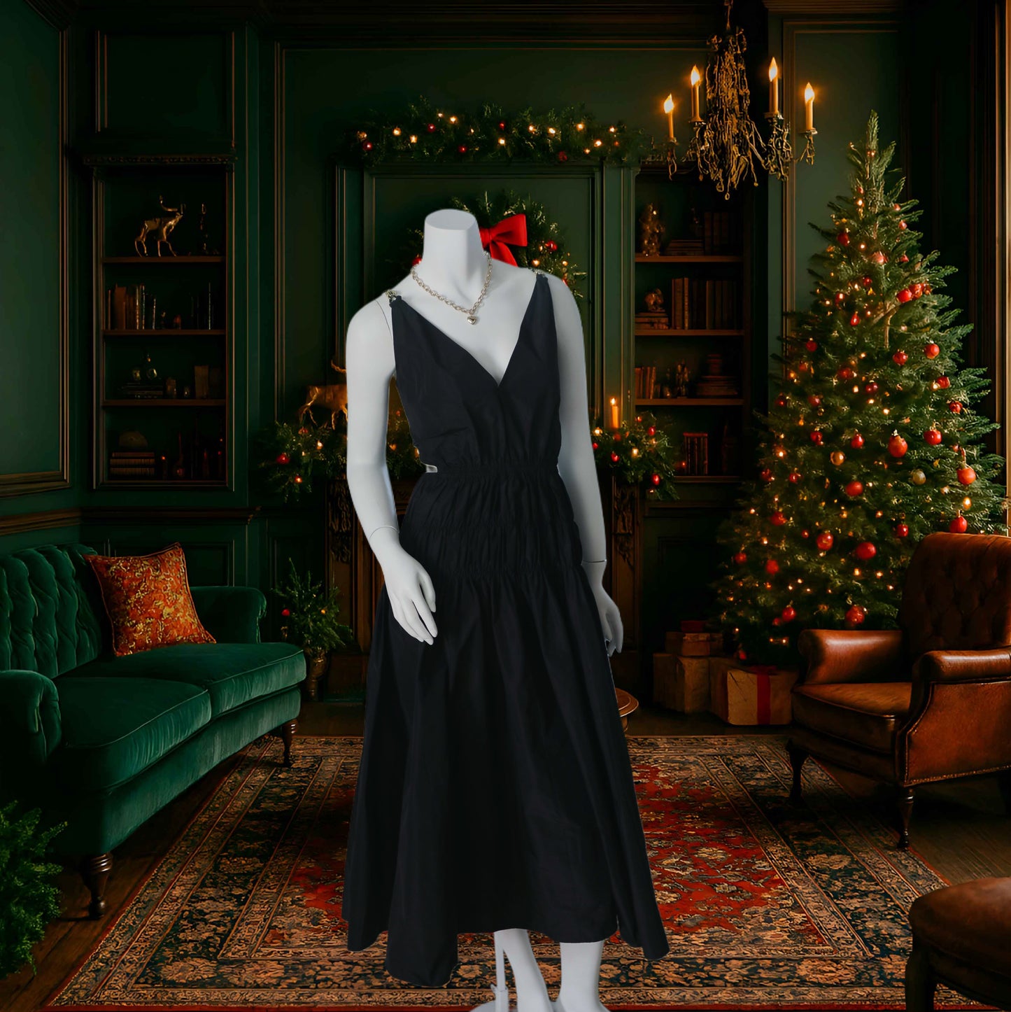 VESTIDO NEGRO V-NECK TAFFETA MIDI DRESS | MAJE | 40 (US 8)