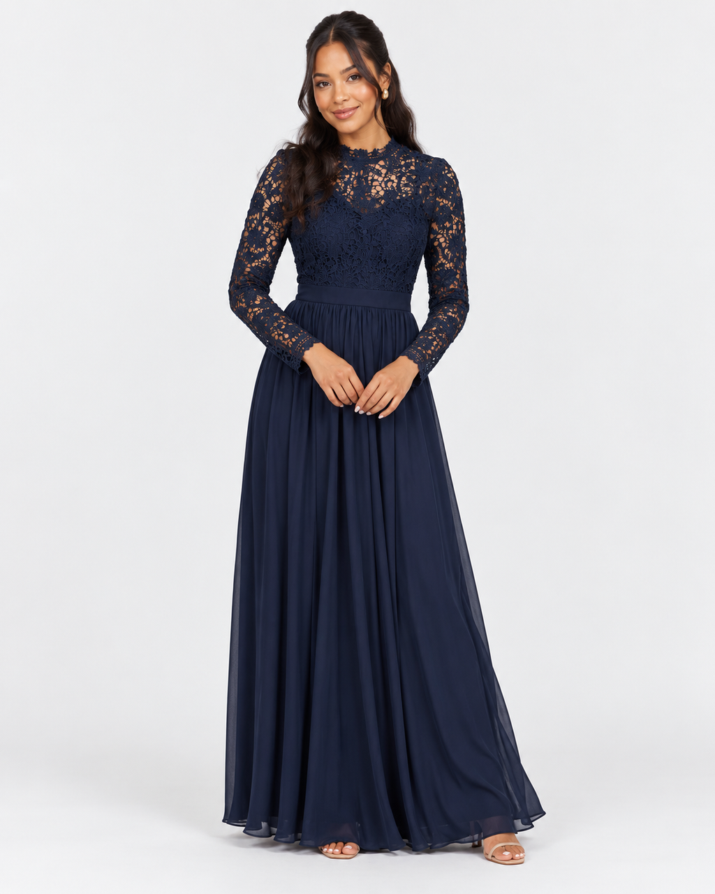 Vestido largo azul marino de encaje con mangas largas para mujer, marca Club London, talla XS