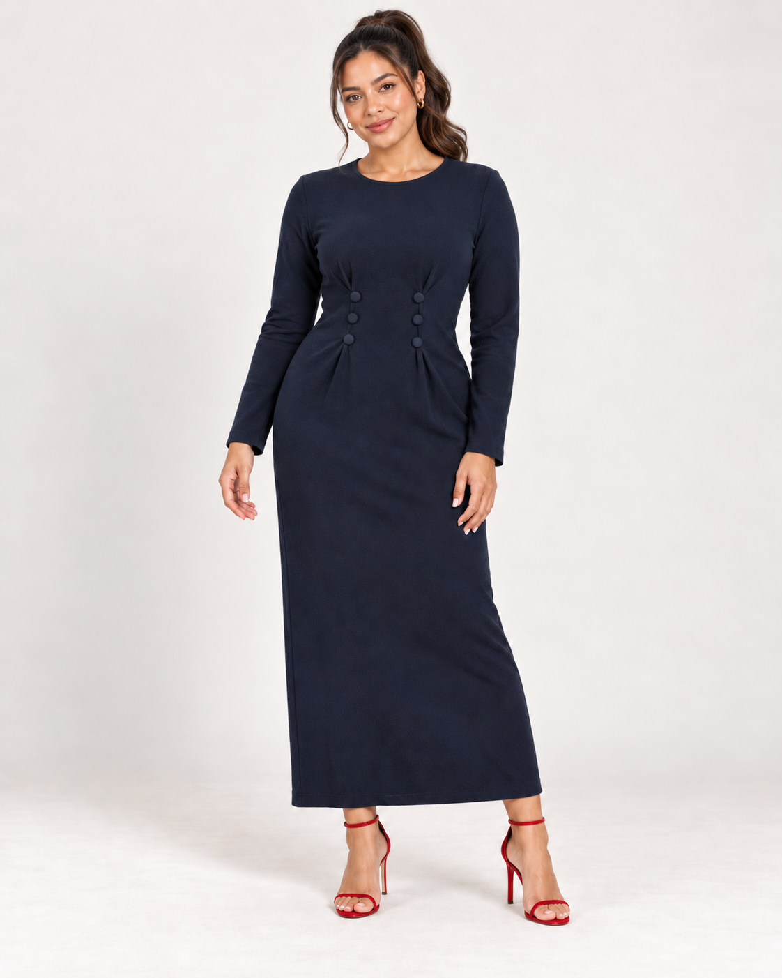 Vestido azul marino de mangas largas con botones para mujer, talla 6