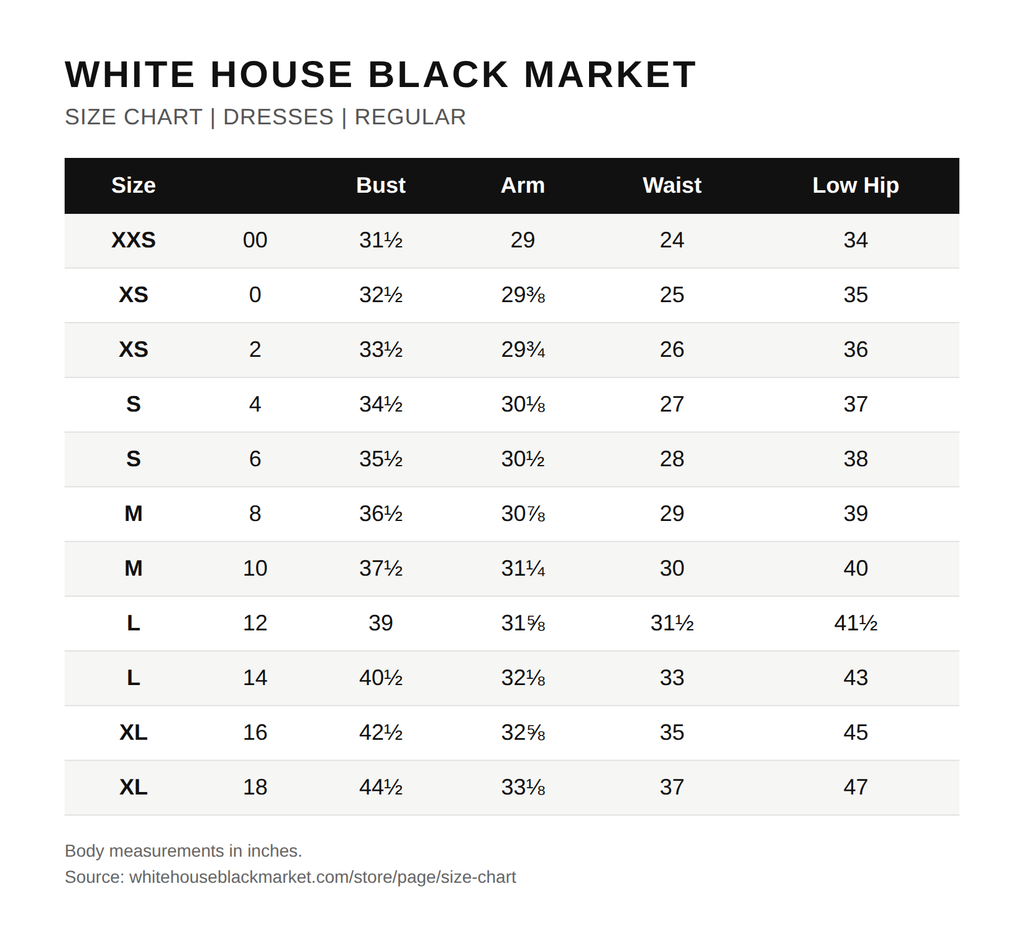 Tabla de tallas oficial de White House Black Market (vestidos)