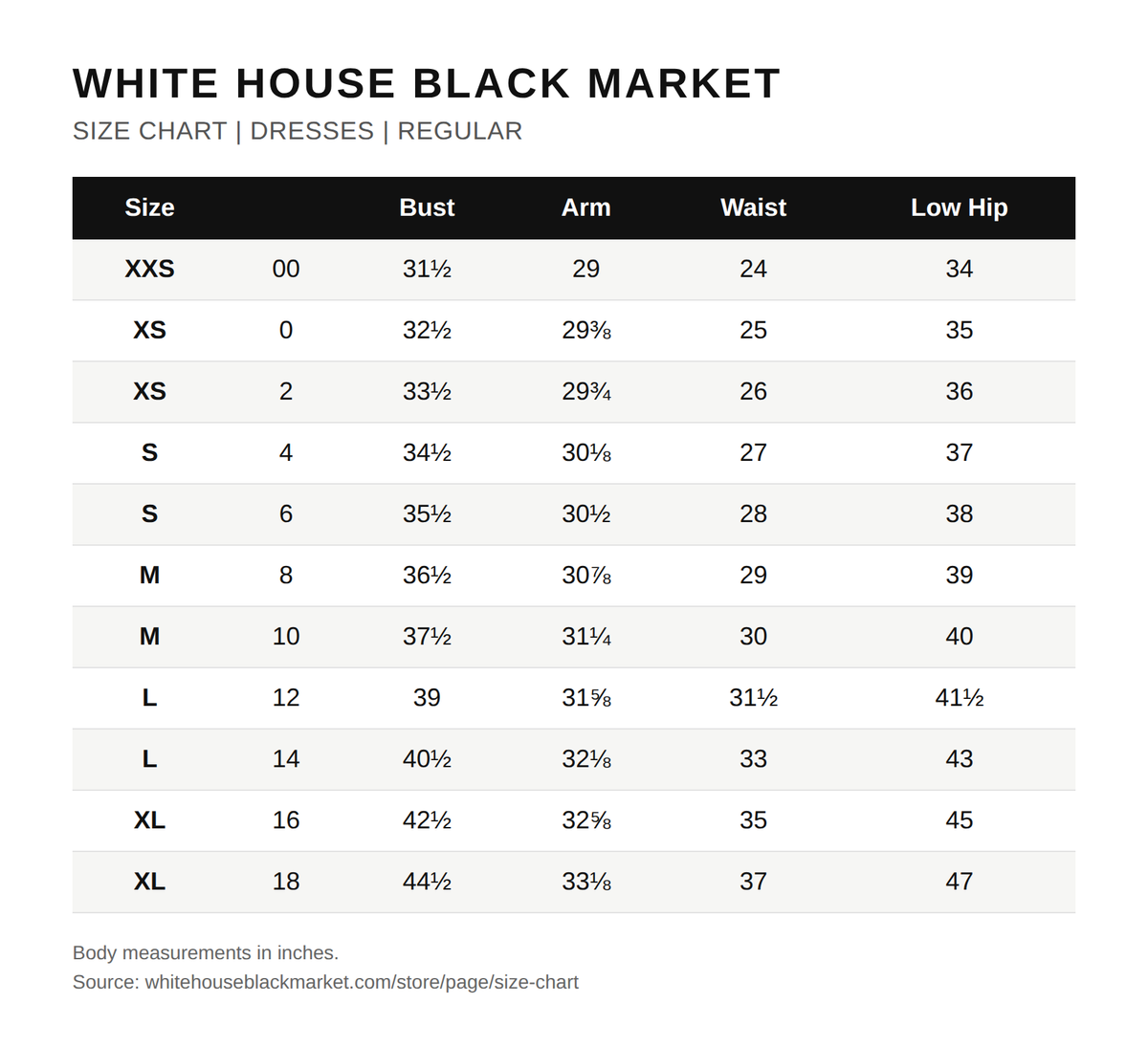 Tabla de tallas oficial de White House Black Market (vestidos)