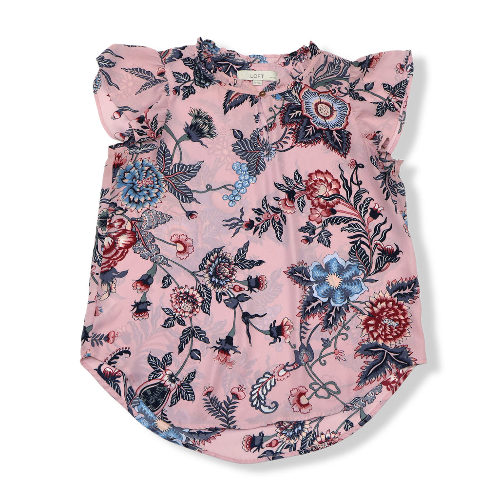 Blusa rosada con estampado floral y mangas de volantes para mujer Loft talla S Petite, foto 4