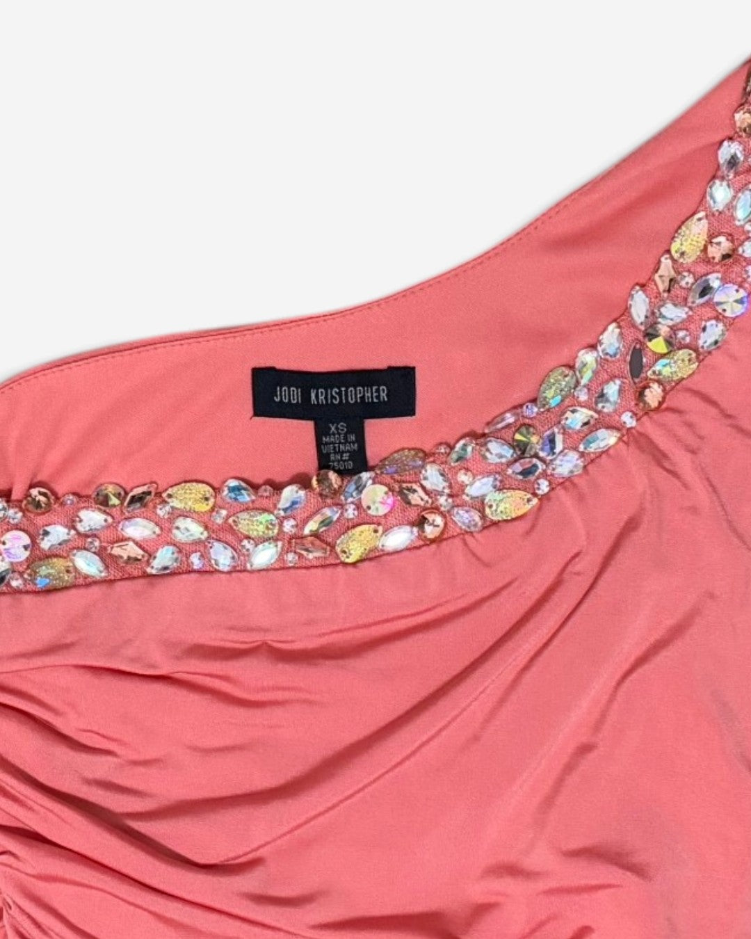 Vestido corto coral de un hombro con cristales para mujer, marca Jodi Kristopher, talla XS, foto 3