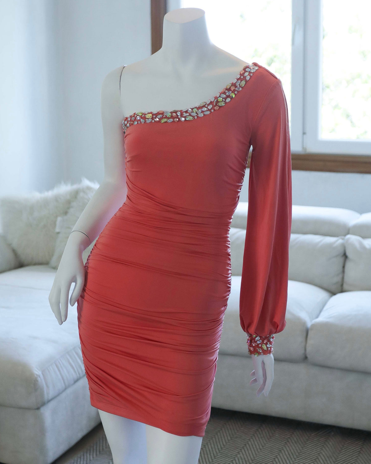 Vestido corto coral de un hombro con cristales para mujer, marca Jodi Kristopher, talla XS, foto 4