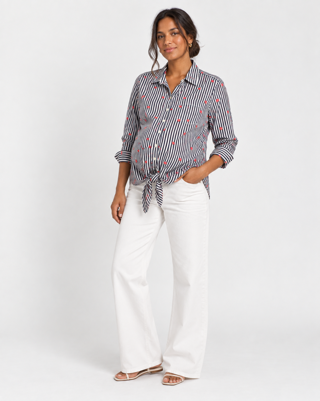 CAMISA DE MATERNIDAD DE RAYAS CON FLORES BORDADA | GAP | TALLA S