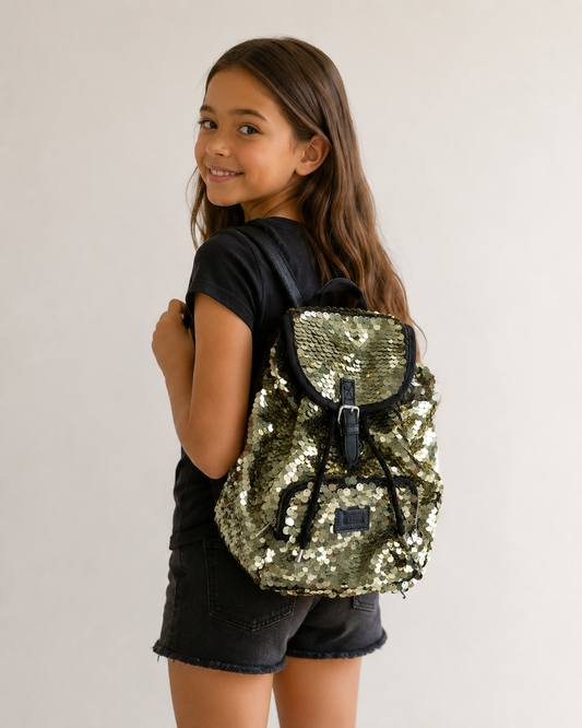 MOCHILA CON LENTEJUELAS DORADAS | PINK