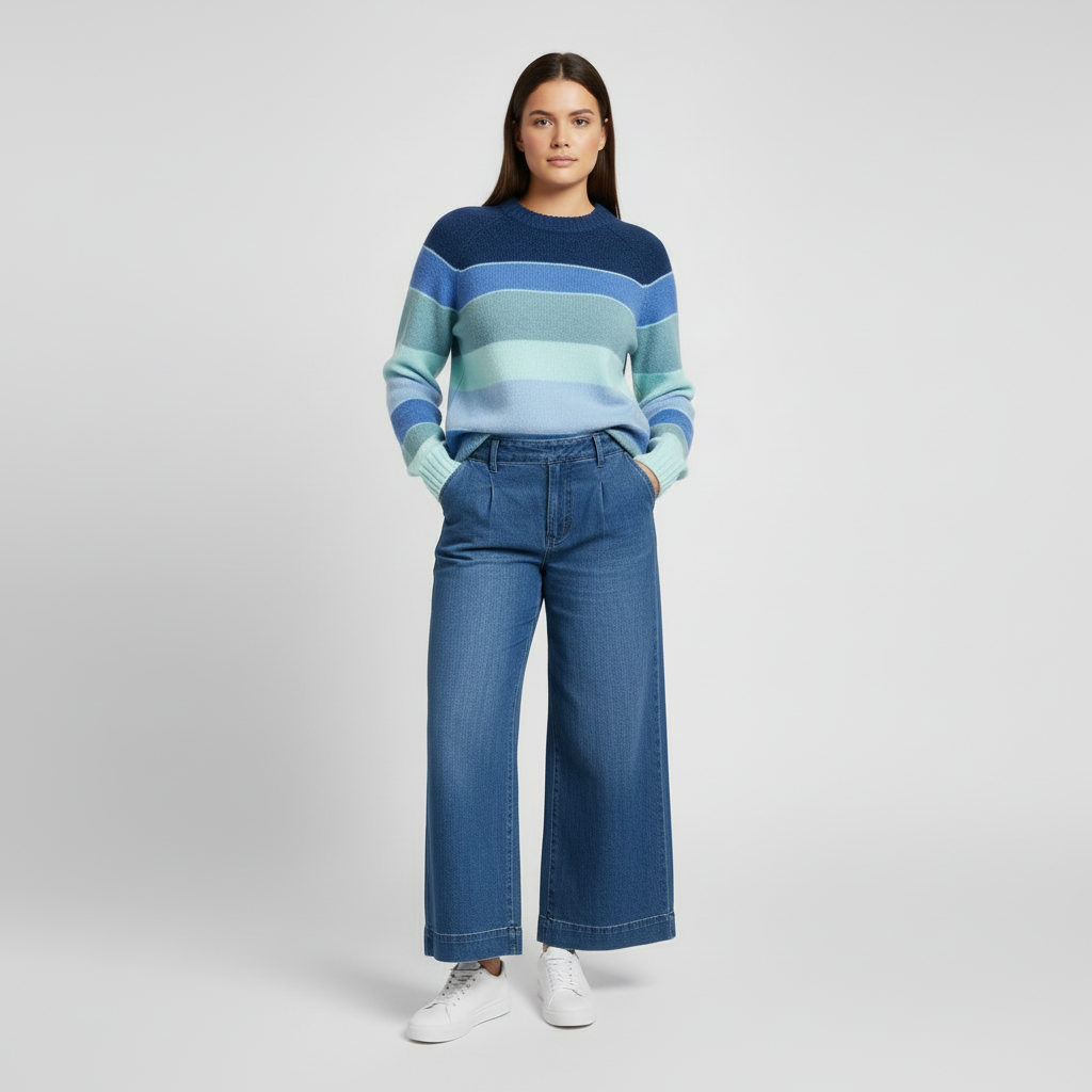 Model wearing blue striped sweater with wide-leg pants
