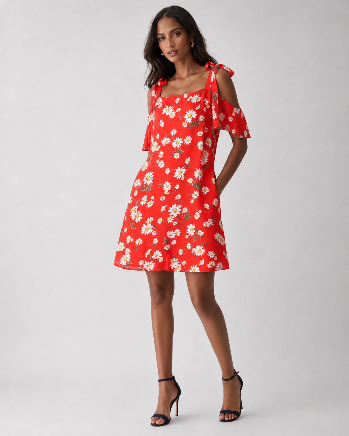 VESTIDO ROJO CON FLORES Y HOMBROS DESCUBIERTOS | FOREVER 21 | TALLA S