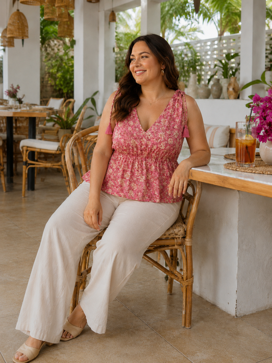 BLUSA ROSADA FLORAL CON LAZOS Y BORLAS | J.CREW | TALLA L