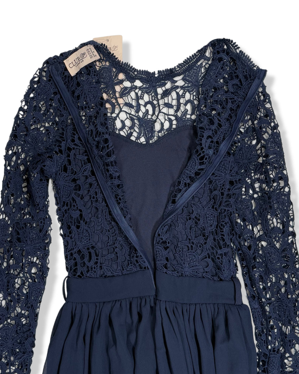 Vestido largo azul marino de encaje con mangas largas para mujer, marca Club London, talla XS, foto 3