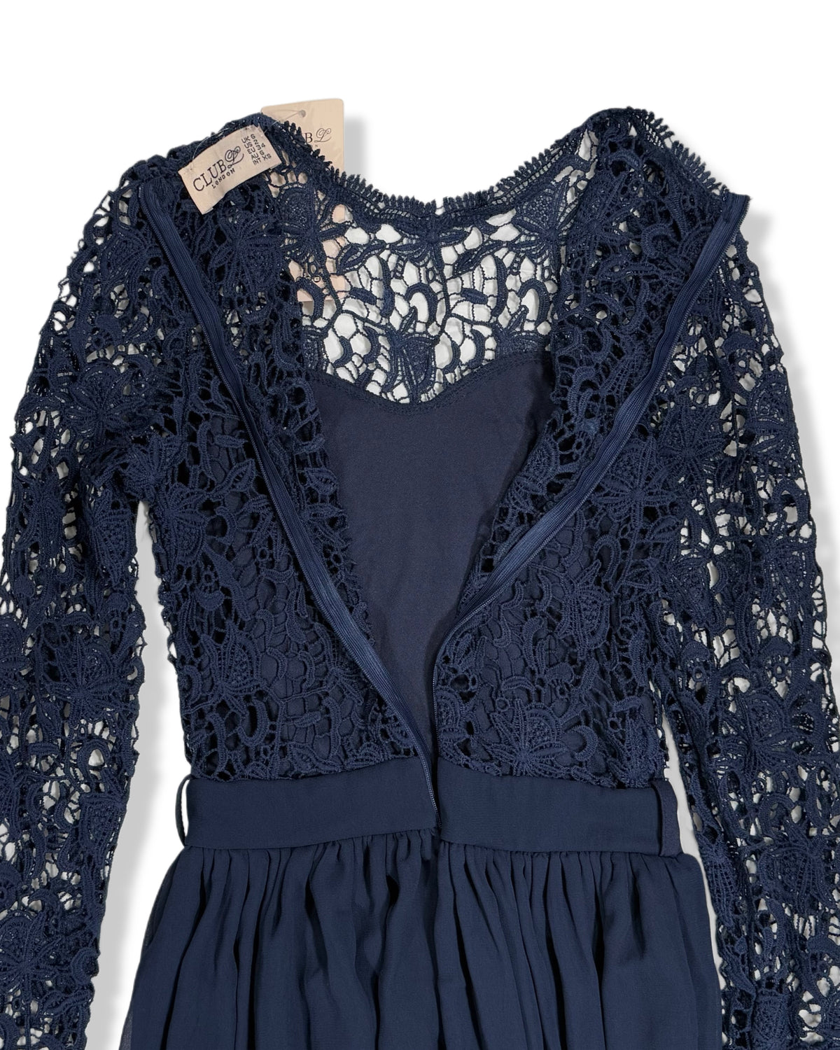 Vestido largo azul marino de encaje con mangas largas para mujer, marca Club London, talla XS, foto 3