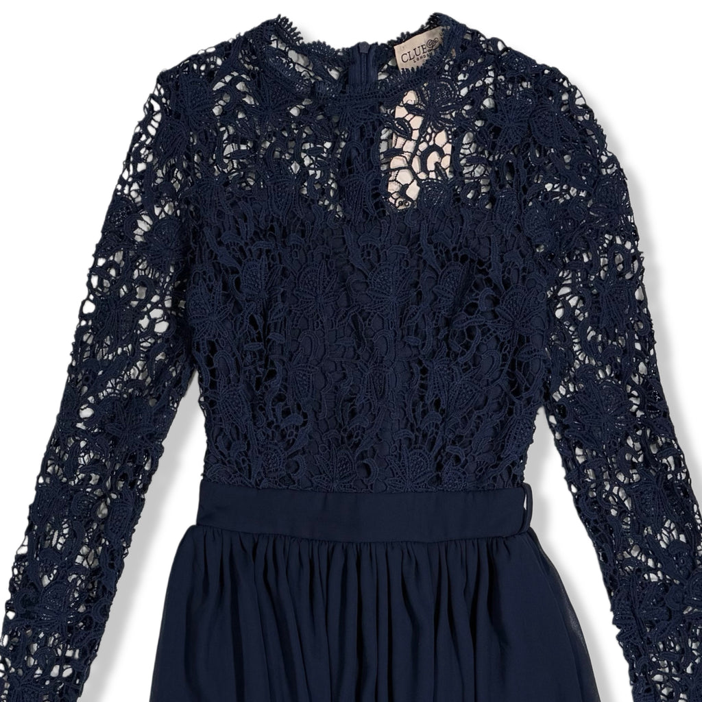 Vestido largo azul marino de encaje con mangas largas para mujer, marca Club London, talla XS, foto 6