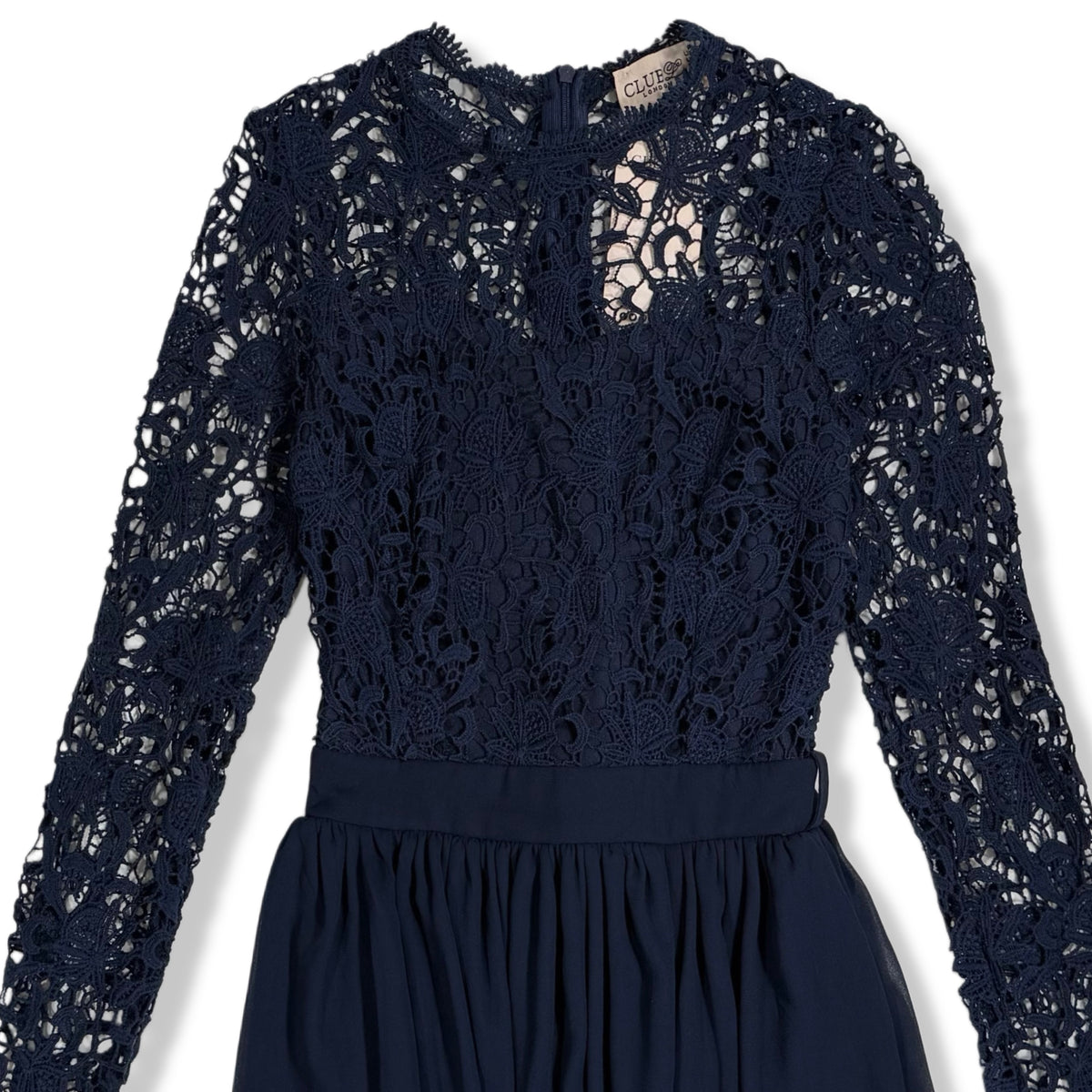 Vestido largo azul marino de encaje con mangas largas para mujer, marca Club London, talla XS, foto 6
