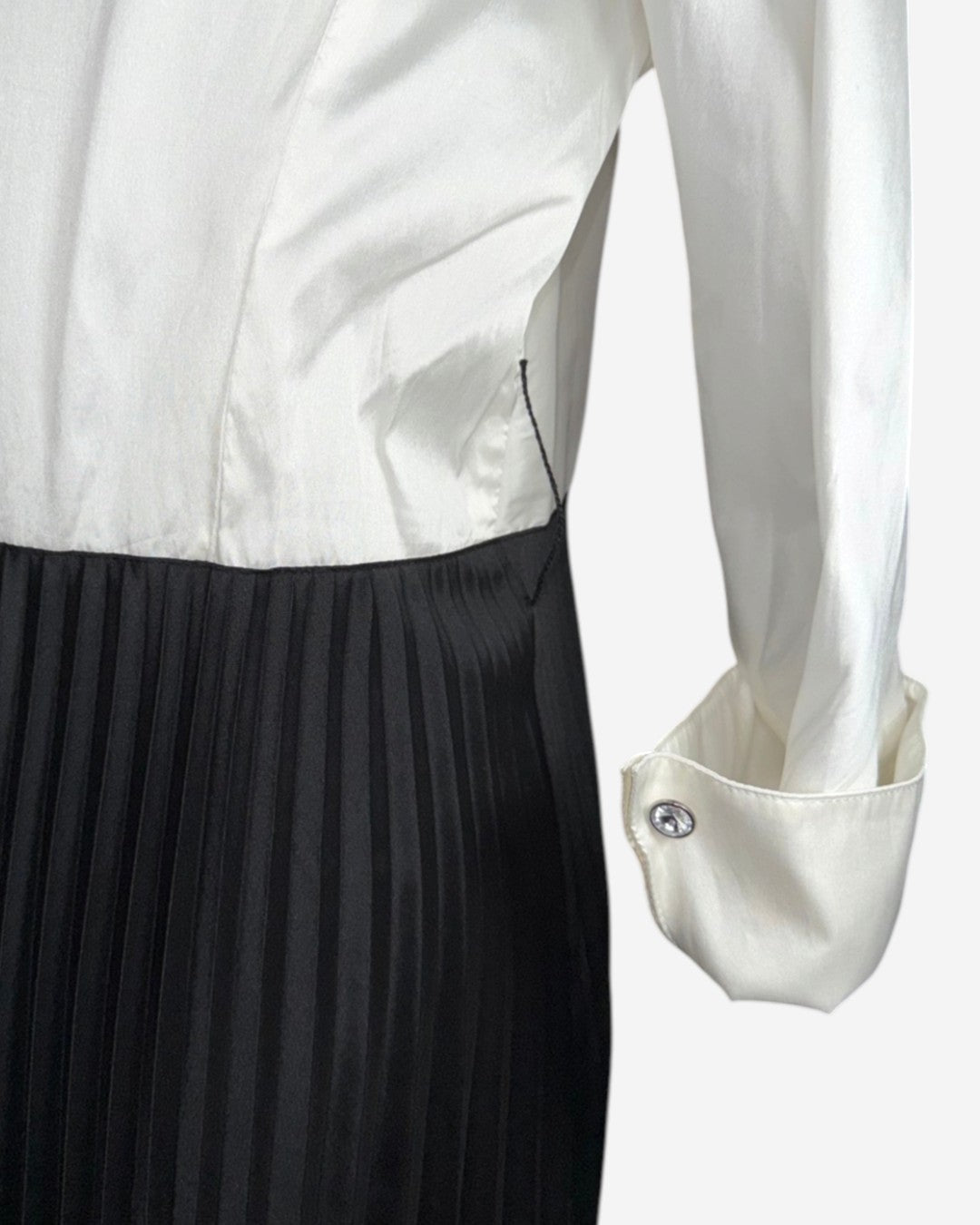 Vestido largo de gala camisero blanco y negro con falda plisada para mujer, marca Teri Jon, talla 18, foto 7