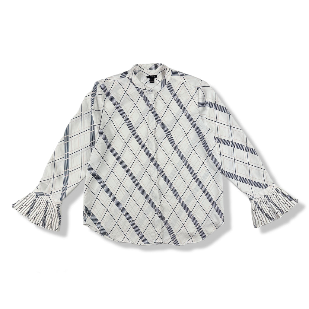 Blusa blanca estampada con puños plisados para mujer Ann Taylor talla M, ropa de segunda mano en República Dominicana