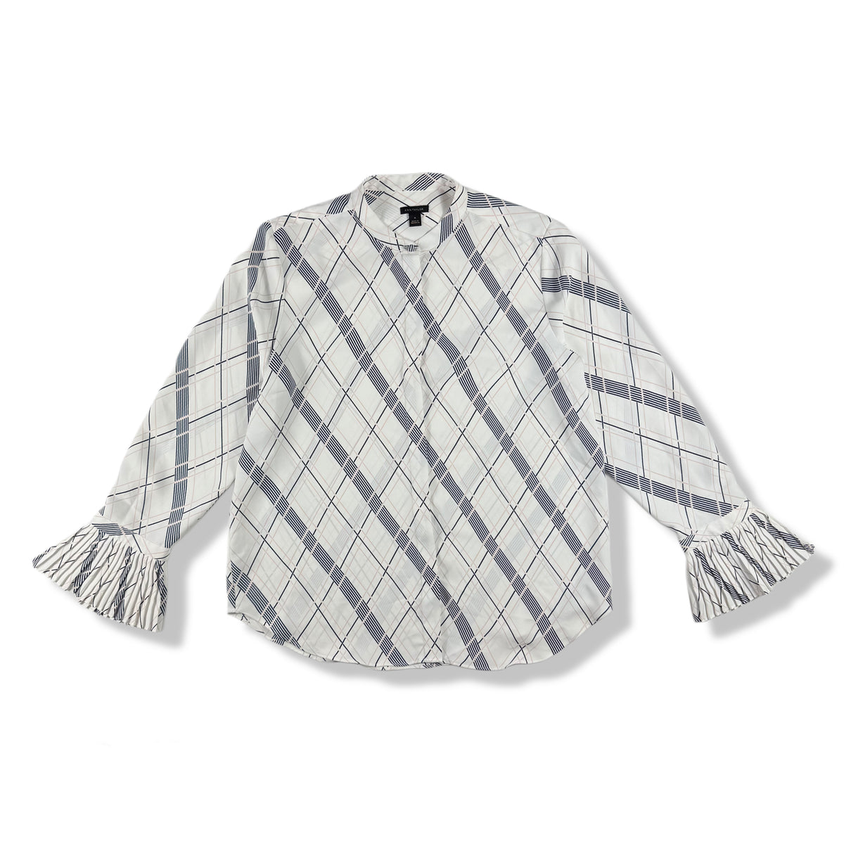 Blusa blanca estampada con puños plisados para mujer Ann Taylor talla M, ropa de segunda mano en República Dominicana