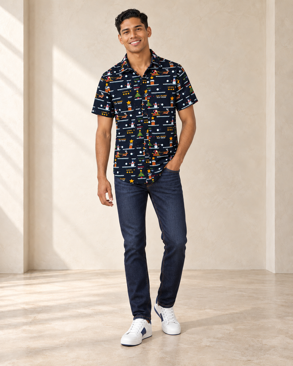 Camisa navideña retro Denim & Flower, talla S, ropa de segunda mano en República Dominicana