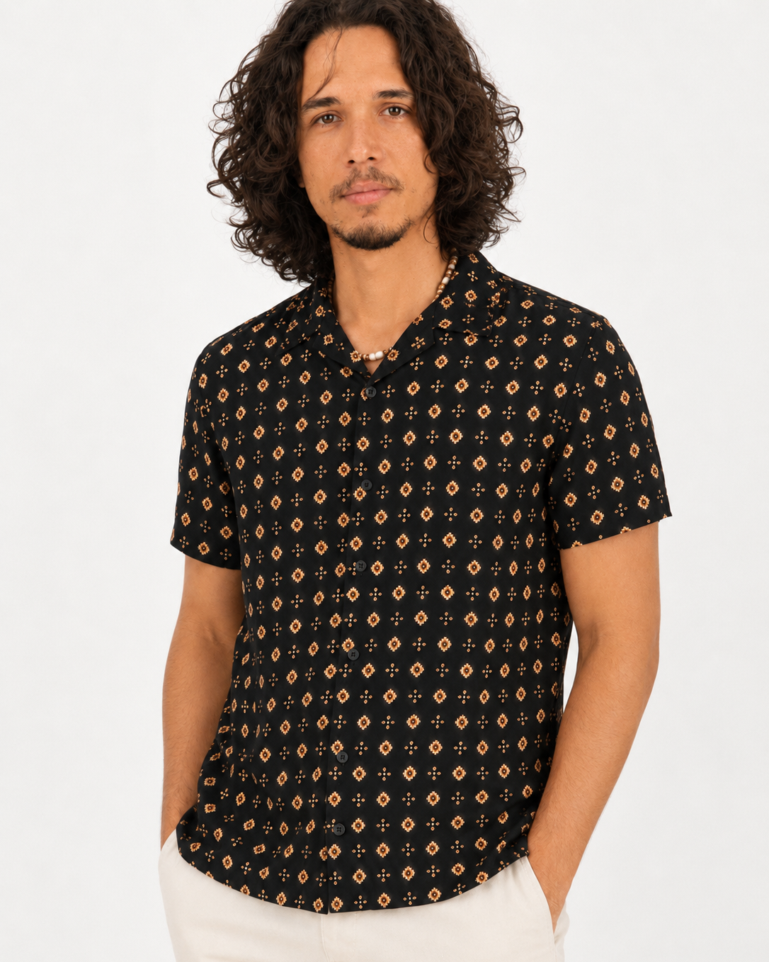 Camisa negra estampada de mangas cortas para hombre Denim & Flower talla M, nueva con etiqueta, ropa de segunda mano en República Dominicana